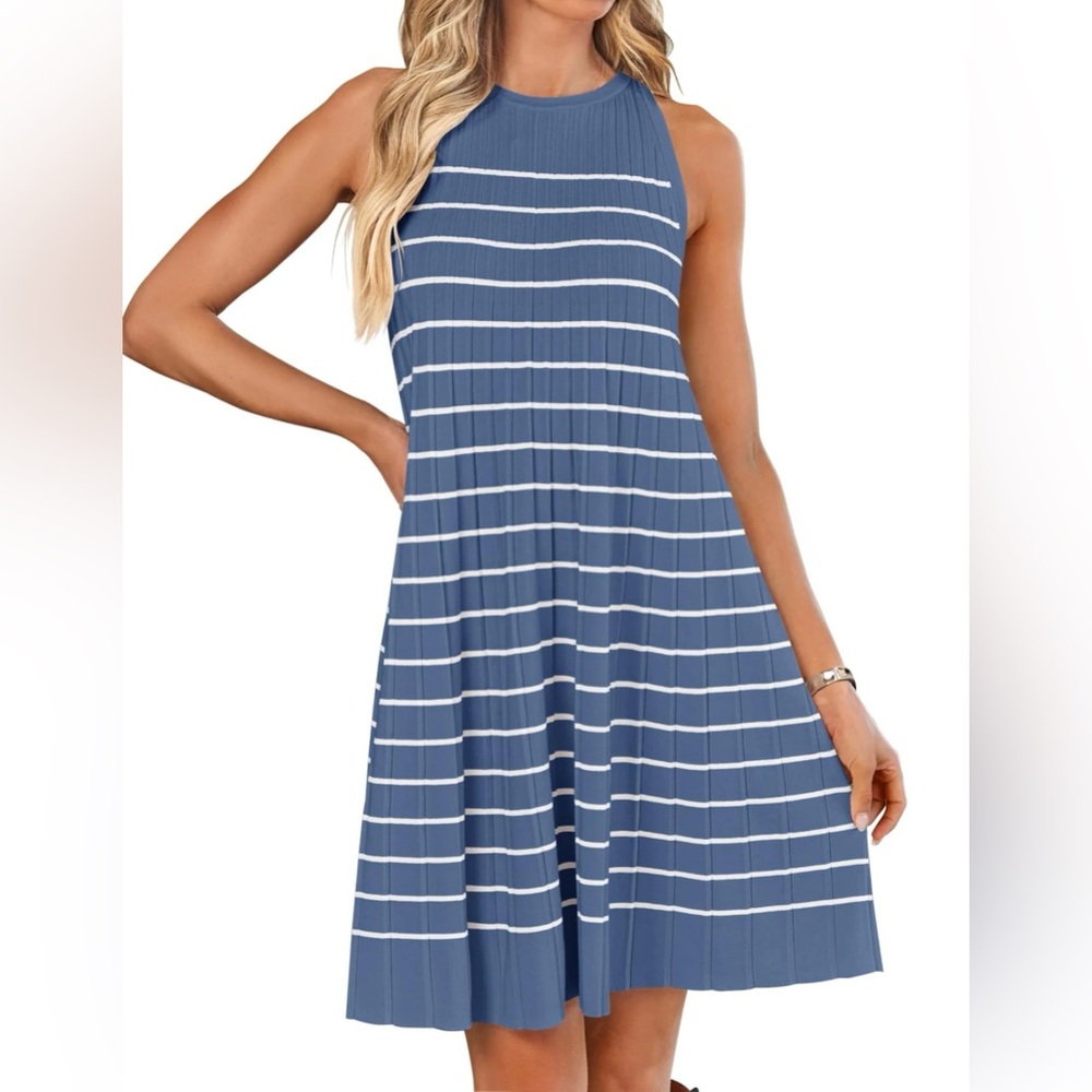 Zesica Summer Sleeveless Tank Striped Knit Pleated A Line Short Mini‎ Dress NEW